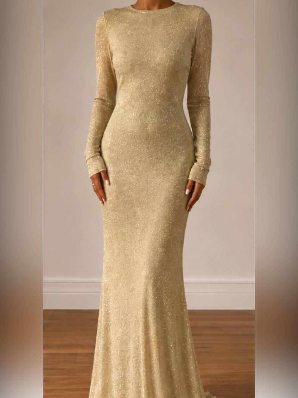 Long Sleeve Sparkle Evening Dress in Gold